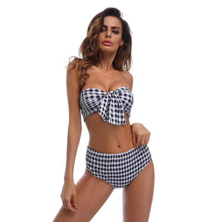 F4683-4  Pleated Plaid Printed Front Bowknot Tube Top Bikini Sets Swimwear